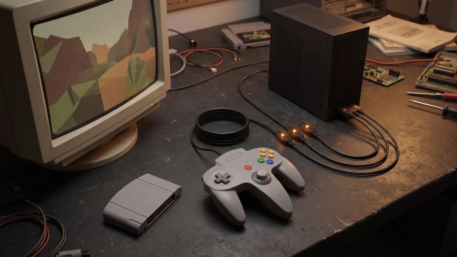 N64-Controller vor einem PC als Illustration verschiedener Emulator-Setups