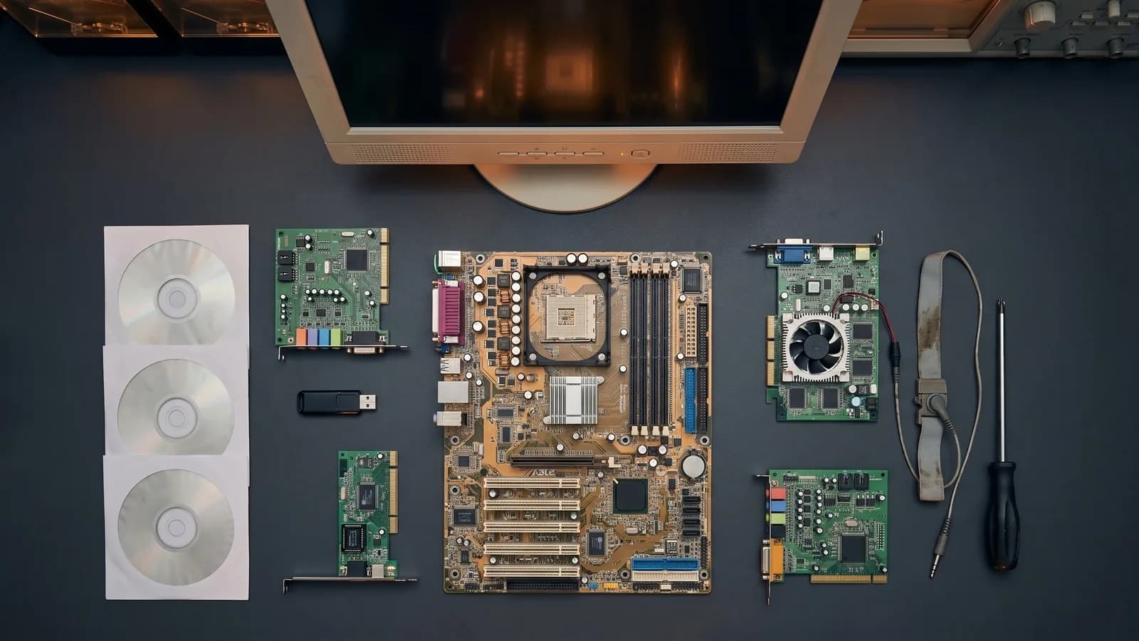 Windows-XP-PC mit Mainboard, Grafikkarte und Treiber-CDs auf einer Werkbank